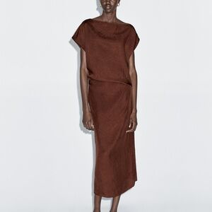 NWT Massimo Dutti Burgundy/Warm Chocolate Satin Midi Dress Size 2 US / 34 EUR